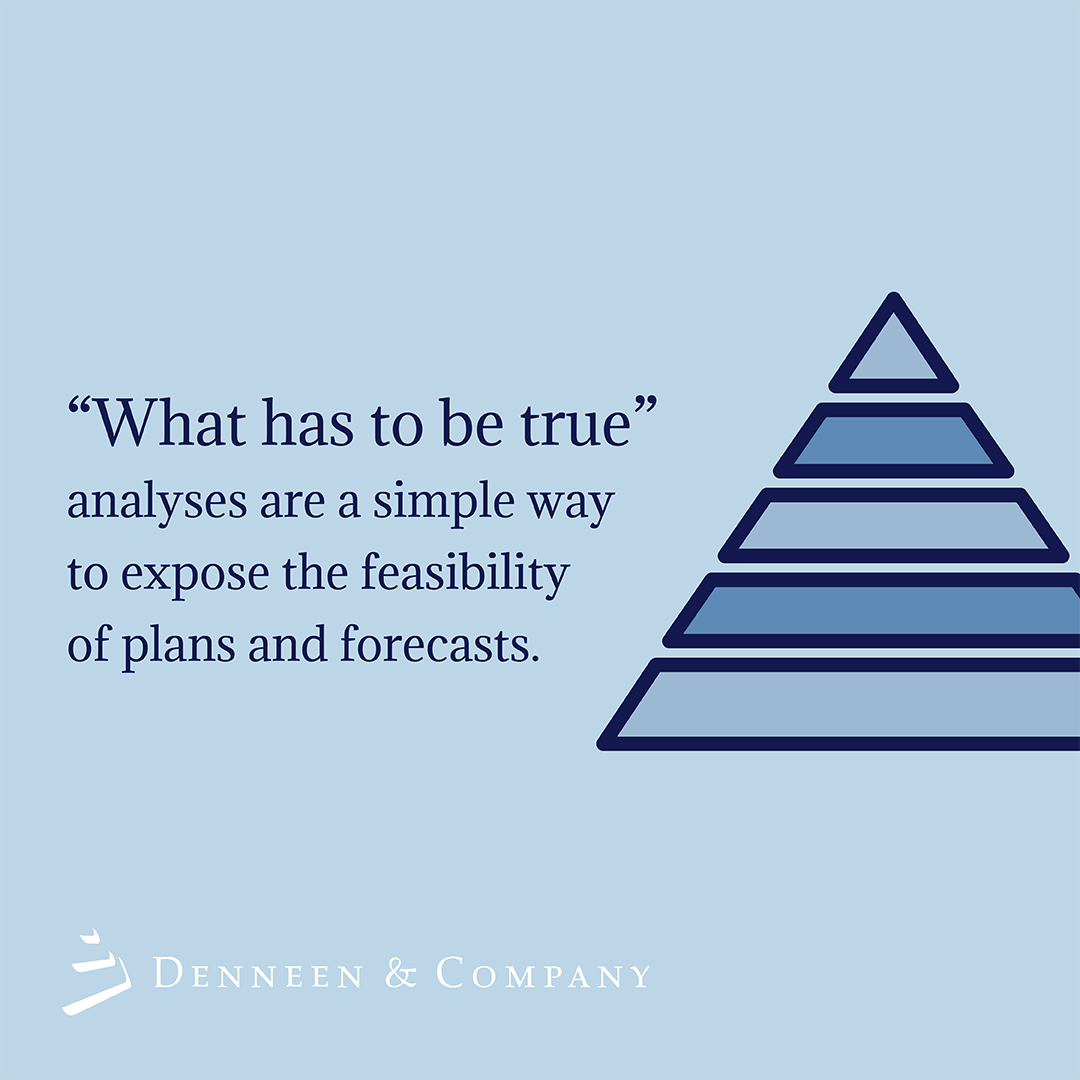 In our experience, determining “what has to be true” can uncover key gaps and issues with plans and forecasts. To achieve growth targets, determine the market, customer, competitive, and internal dynamics that must be true to achieve the objectives.