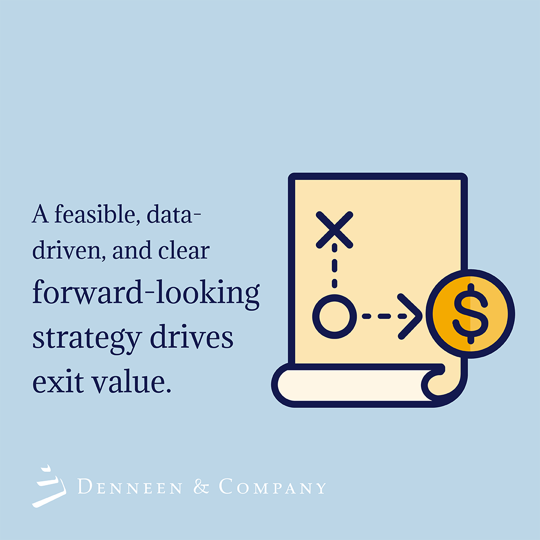 To maximize exit value at sale, exit planning should include a refresh of the company strategy and deliver a credible 5-year growth plan grounded in a deep and current understanding of the market, competitive, and customer landscape.